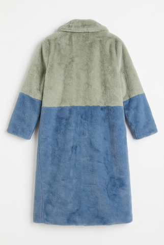 Sage and blue color block faux fur long coat, back
