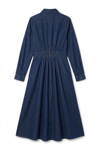 Dark Denim and Pinstripe Patchwork Long Sleeve Midi Shirt Dress