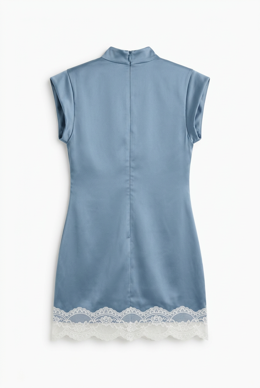 Dusty blue satin lace hem mini dress, back view