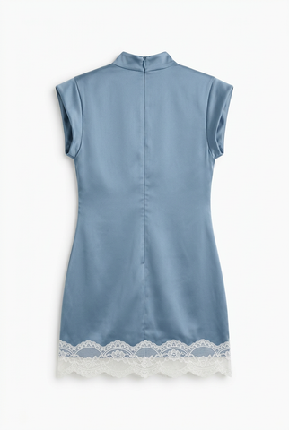 Dusty blue satin lace hem mini dress, back view