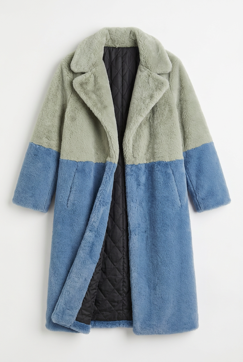 Sage and blue color block faux fur long coat, front