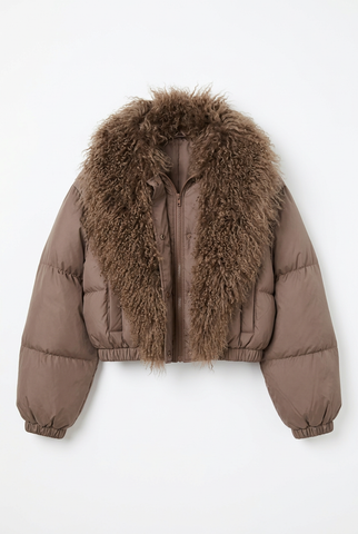 Brown cropped puffer jacket with shaggy fur collar, front