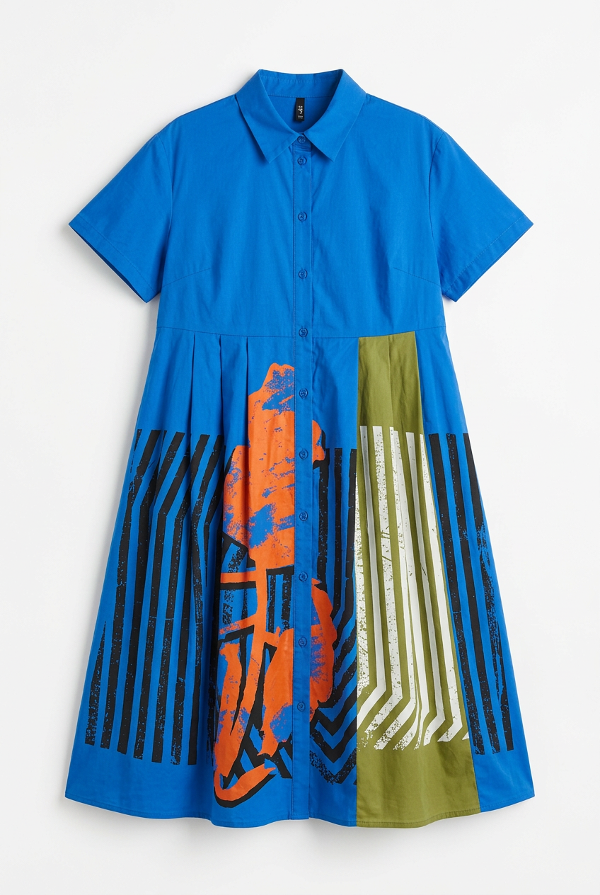 Cobalt blue abstract print shirt dress, front