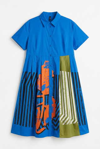 Cobalt blue abstract print shirt dress, front