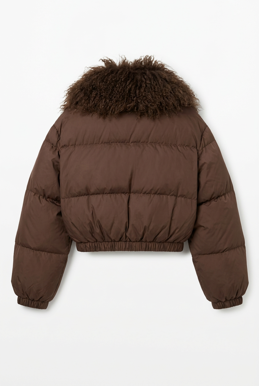 Brown cropped puffer jacket with shaggy fur collar, back