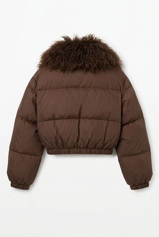 Brown cropped puffer jacket with shaggy fur collar, back