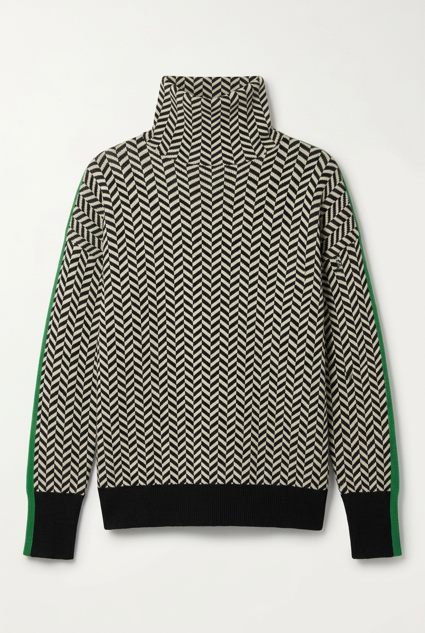 Black and Cream Herringbone Knit Turtleneck Sweater with Green Side Stripes