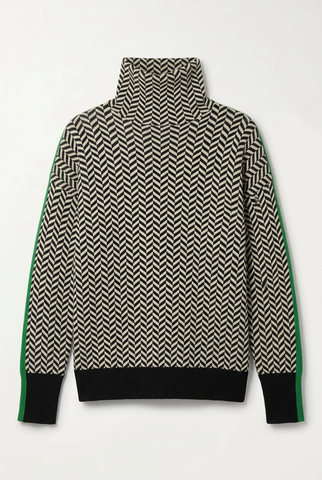 Black and Cream Herringbone Knit Turtleneck Sweater with Green Side Stripes