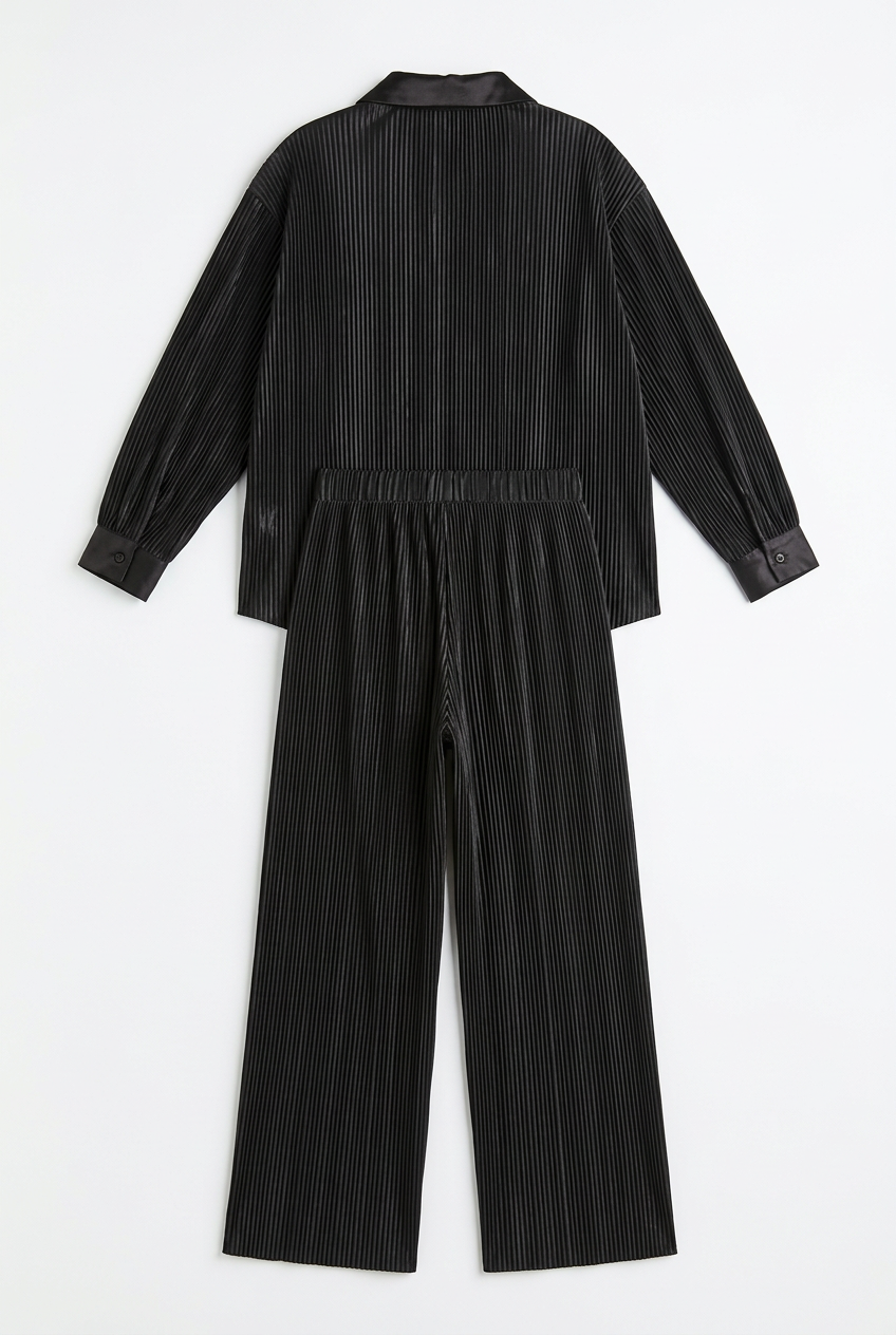 Black pleated satin shirt and wide leg pants set, back