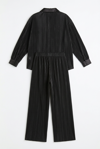 Black pleated satin shirt and wide leg pants set, back