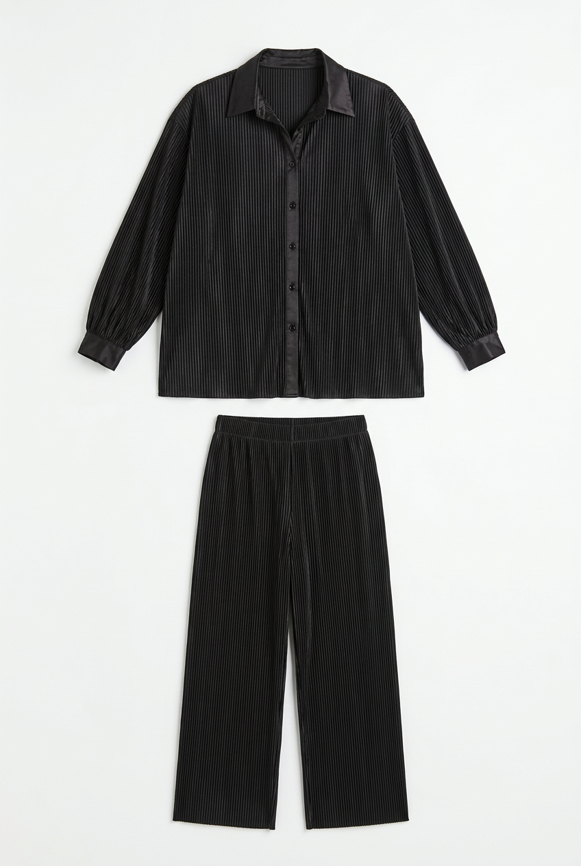 Black pleated satin shirt and wide leg pants set, front