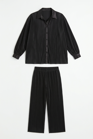 Black pleated satin shirt and wide leg pants set, front