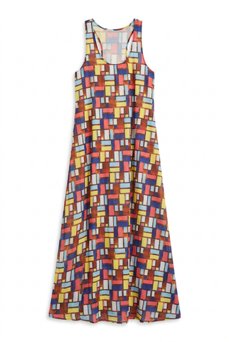 Film strip block print maxi dress, flat lay on white background