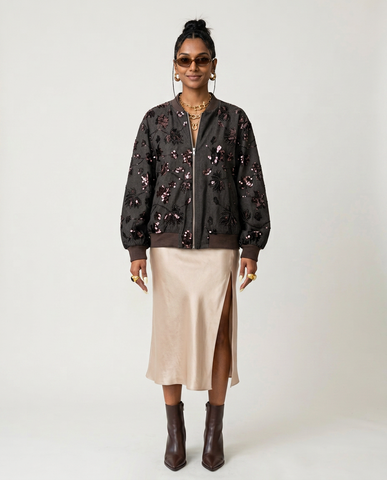 Radiant Sequin Leaf Bomber Jacket
