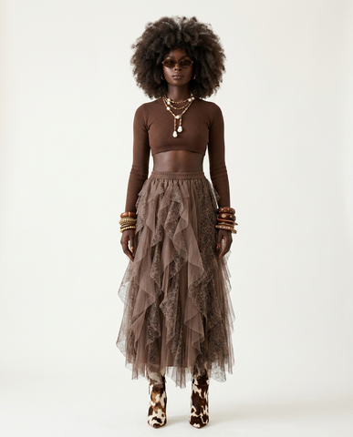 Ethereal Mesh Ruffled Midi Skirt