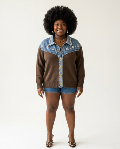 Audacious Crystal Denim Knit Cardigan