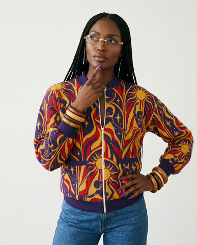 Vibrant Jacquard Knitted Bomber Jacket