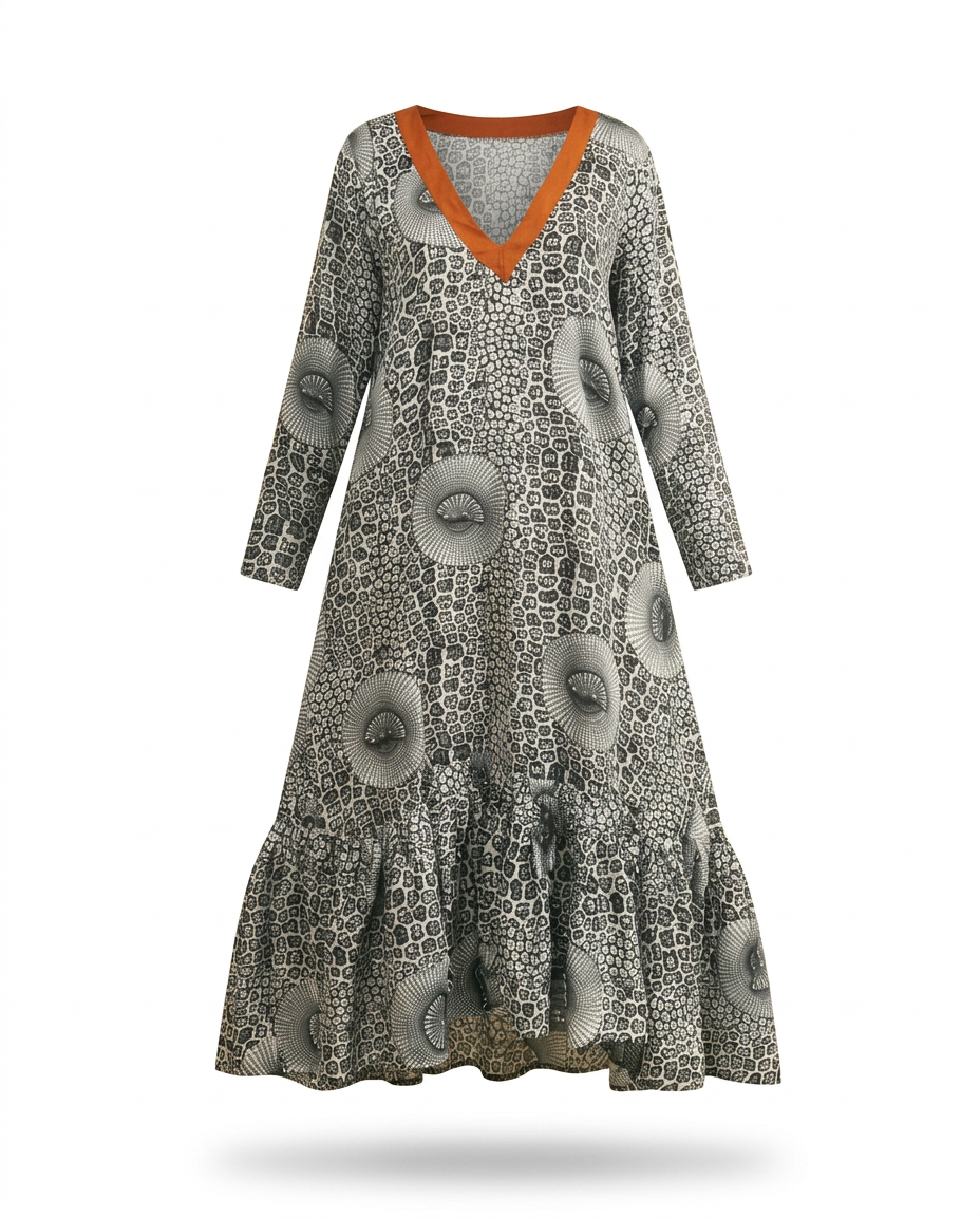 Alucham Ankara Silk Maxi Dress - Bell Sleeve, Aso-Oke Trim
