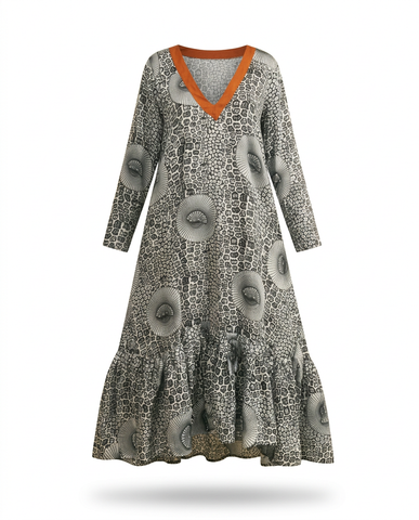 Alucham Ankara Silk Maxi Dress - Bell Sleeve, Aso-Oke Trim