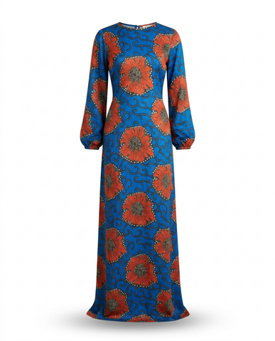 Akuru Ankara Faux Silk V-Neck Maxi Dress - Elegant Lantern Sleeves